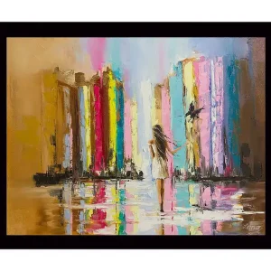 Inramad Canvastavla i trä - 41x56 cm - Abstrakt scen i regn där kvinna går mot ljuset med färgpelare Flerfärgad - Inredning Extra rabatt