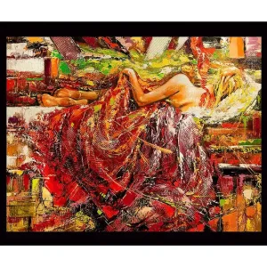 Inramad Canvastavla i trä - 41x56 cm - Sensuell kvinna i en färgglad klänning som vilar på en soffa Röd / Gul / Grön - Inredning Kundfavorit