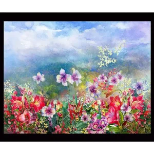 Säker betalning Inramad Canvastavla i trä - 41x56 cm - Färgrik blomsteräng med olika blommor i full blomning Röd / Lila / Grön - Inredning