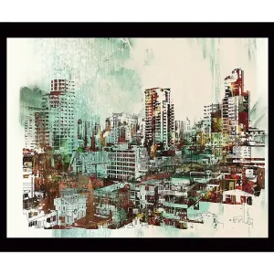 Sista chansen Inramad Canvastavla i trä - 41x56 cm - Stadslandskap med moderna skyskrapor och byggnader Grön / Röd / Beige - Inredning