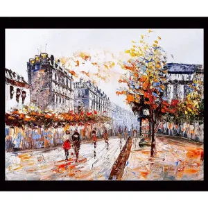 Inramad Canvastavla i trä - 41x56 cm - Livlig stadsbild med människor som promenerar under höstträd Orange / Blå / Grå - Inredning Nyhet