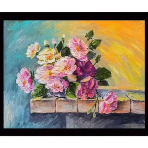 Inramad Canvastavla i trä - 41x56 cm - Färgrik bukett av rosor i olika nyanser Rosa / Grön / Gul - Inredning Outlet