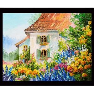 Inramad Canvastavla i trä - 41x56 cm - Blomstrande trädgård med ett charmigt hus Grön / Orange / Blå - Inredning Bästa pris