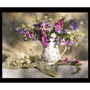 Billig Inramad Canvastavla i trä - 41x56 cm - Färgrik bukett av blommor i en keramikkanna - Inredning & dekor