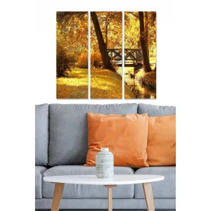 Bästa pris Canvastavla i trä 3-delar 50x70 cm - Vacker höstlandskap med en bro över en stilla bäck - Inredning & dekor